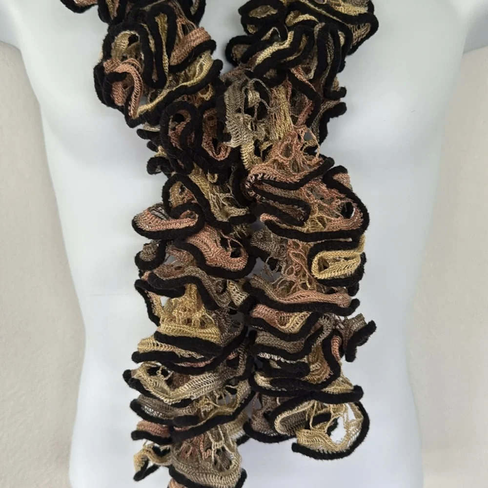 Handmade tan pink black woven crochet lace textured neck scarf one size